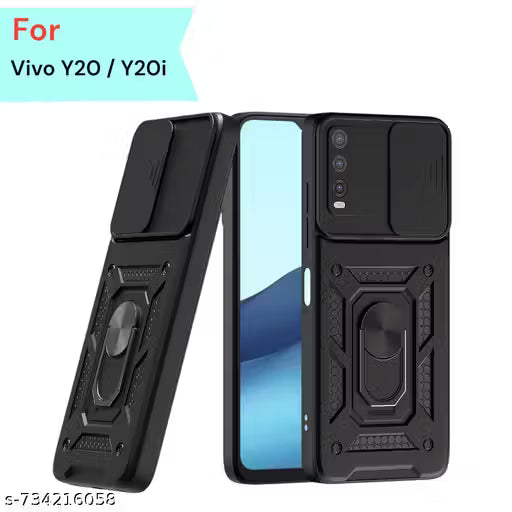 COVERLELO Tough Armor Vivo Y20 || Y20i (Black) Bumper Back Case Cover | Ring Holder & Sliding Camera Shield Cover