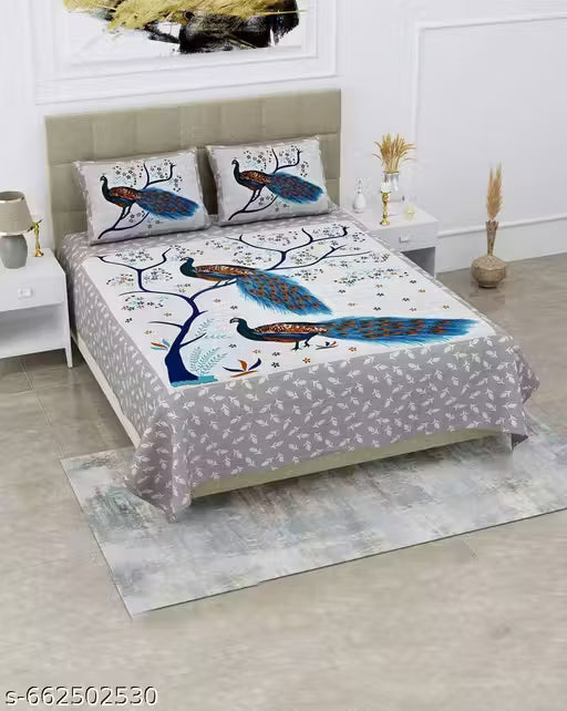 Soul venture Blue Tree 90*100 Cotton Double Bedsheet with 2 Pillow Covers