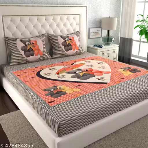CLOTHOLOGY 144 TC 100% Cotton Double Bed Size/Queen Size Bed Printed Flat Bedsheet with 2 Pillow Covers,
