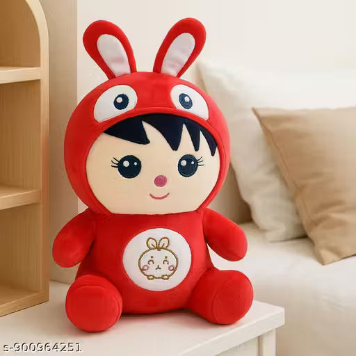 Cute Bunny Girl Plush Soft Toy for Kids – Red Rabbit Doll with Bunny Ears