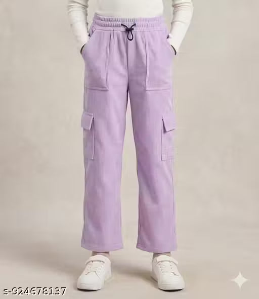 LAVENDER CARGO TROUSERS FOR GIRLS | RIBBED CARGO STRAIGHT PANT WITH POCKETS | CASUAL & COMFORTABLE WEAR ( S , M,L )