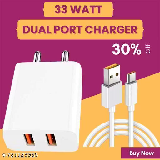 33 Watt Dual Port Charger, Fast Charging, Dual Port Fast Charger, Type-C Cable Included, Charger for Mobile with Detachable White Cable, 33 Watt ka Charger with1 Meter Cable.