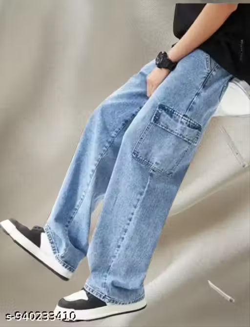 Denim Cargo Pants – Straight Cut Loose Fit Jeans for Kids