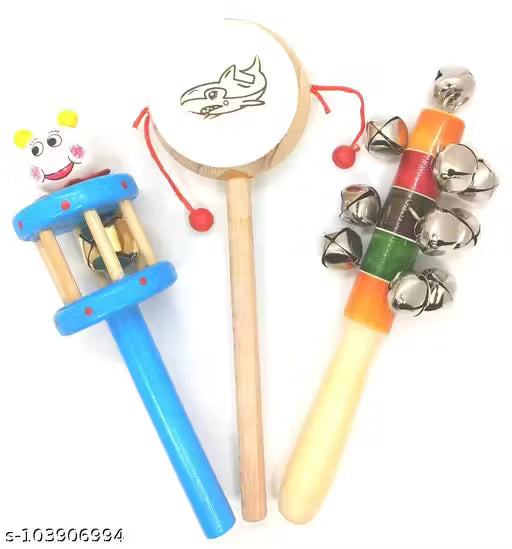 Wooden Hand Craft Baby Sound Making Toys Multi Colour (Pack of 3)