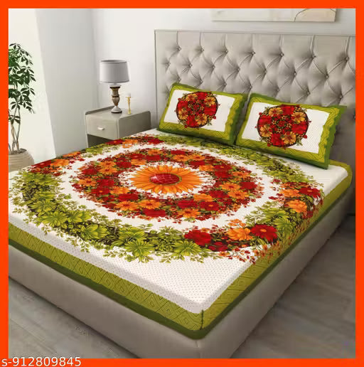 100% Cotton Rajasthani Jaipuri Double bed Size #Bedsheets Set of 1 Double #Bedsheets with 2 Pillow Covers (Multicolour) - 180 TC