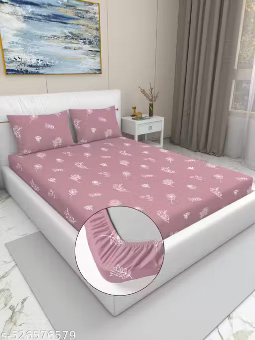 DOUBLE BED COTTON FEEL GLACE COTTON ALL AROUND ELASTIC FITTED BEDSHEET WITH 2 PILLOW COVERS