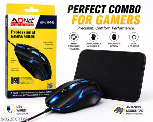 Gaming Mouse with Mouse Ped RGB Light, USB Wired, High Precision Optical Sensor, Ergonomic Design for Laptop & PC