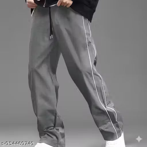 Elegant Modern Man Track pants/Premium Grey Polyester Dry - fit Lower with Stylish white side Stripe / piping
