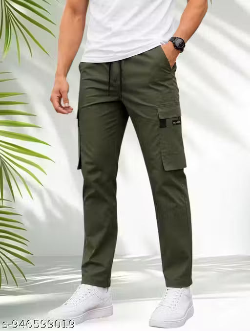 Men Solid Olive Green Cargo Pants | Stylish Regular Fit Utility Joggers for Men | Casual Daily Wear Cargo Trouser