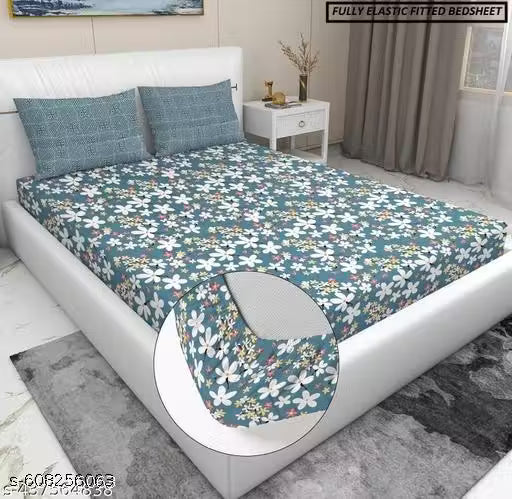 210 TC 100% Pure Cotton Premium Fitted Bedsheet | King/Double Bed 78x72x10 Inch | All-Around Elastic Sheet with 2 Pillow Covers – Grey Leaf