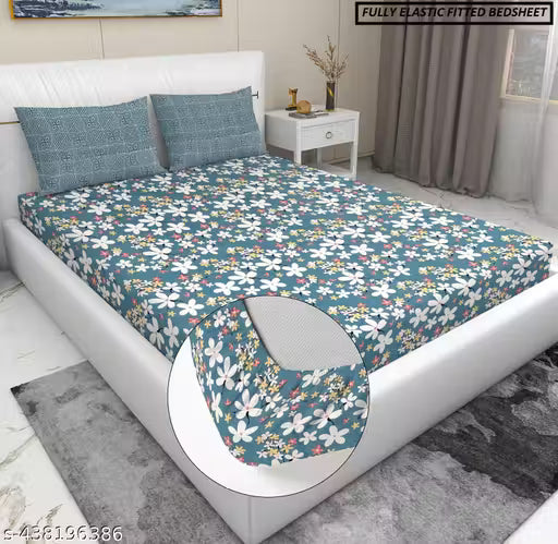 LAYNORA HOME DECOR 210 TC 100% PURE COTTON Supersoft Premium Cotton Elastic Fitted Bedsheets with 2 Pillow Covers | Double Bed with All Around Elastic | for 78x72+12 Mattress
