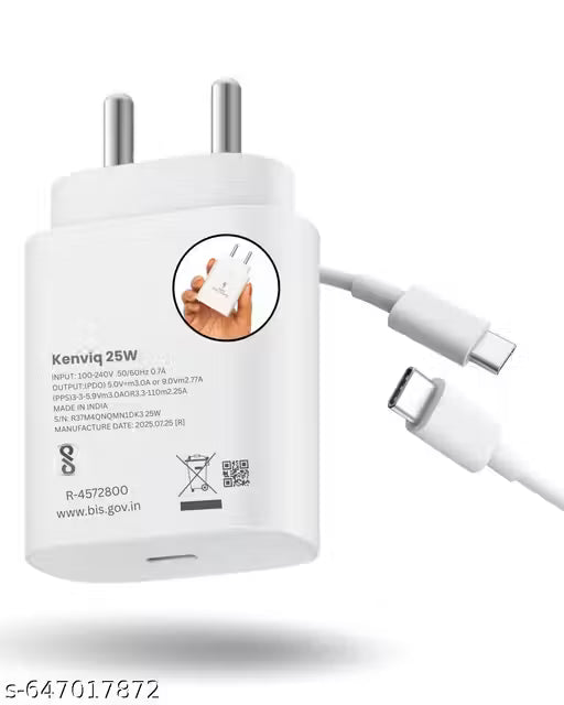 Kenviq 25W USB Type-C Charger Adapter – Compatible with Sam-sung Devices – 3A Fast Charging White Type-C Adapter for Phones &