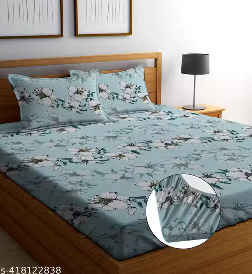 KIRAT Cotton Elastic King Size Fitted Bedsheets with 2 Pillow Covers | Double Bed with All Around Elastic 210TC Supersoft | Size - 72x78+10