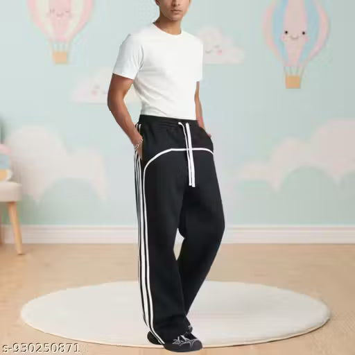 Men’s Solid Black Striped Track Pants Combo | Casual Cotton Tee & Stylish Sports Joggers Set