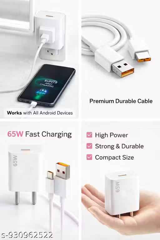 65W Fast Mobile Charger with Type-C Cable | Single USB Adapter | Quick & Safe Charging”