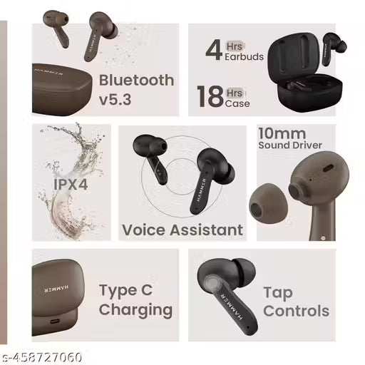 Hammer Solitude Bluetooth Earbuds with Upto 22H Playtime, Quad Mic with ENC, Fast Charging Type-C, IPX4 Water Resistant,