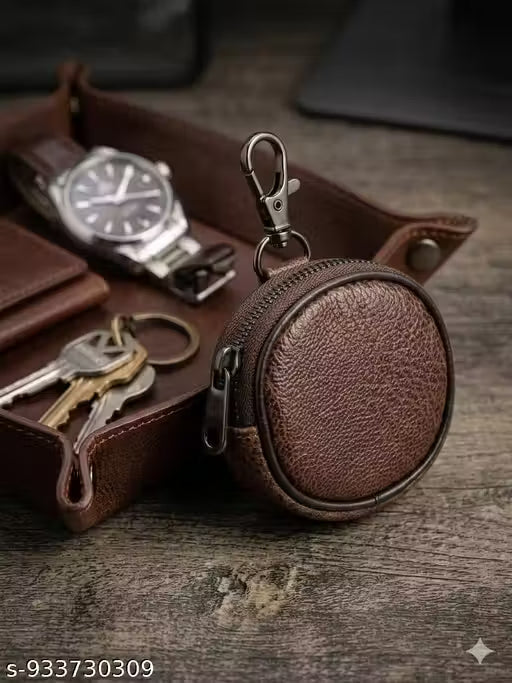 Genuine Pebbled Leather Circular Earphone Case & Multi-Purpose Coin Pouch