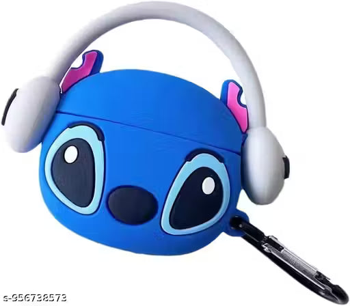 Cute Cartoon Stitch Silicone Airpds pro 2 Case Cover with Keychain & Headphone Design (Blue)