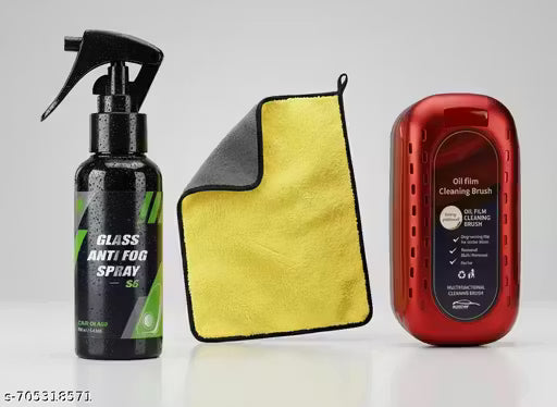 Car Glass Cleaner Kit (3 Piece Combo) - Anti Fog Spray, Microfiber Towel & Oil Film Remover Brush for Windshield - Streak Free Shine Car Accessorie