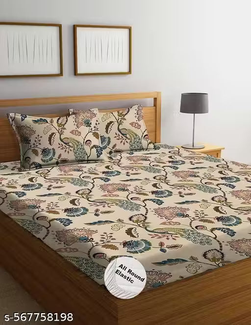 Cotton Elastic All Around Fitted King Size Double Bed Bedsheet with 2 Pillow Covers | Floral Printed Bedsheet Combo
