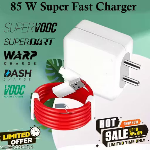 85 Watt Super Fast 8A Wall Charger for Mobile with Detachable Red & White Cable