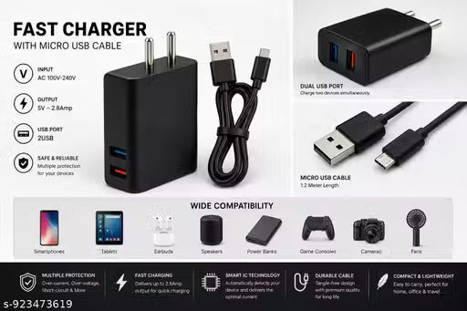 Dual USB Fast Charger with V8 Cable