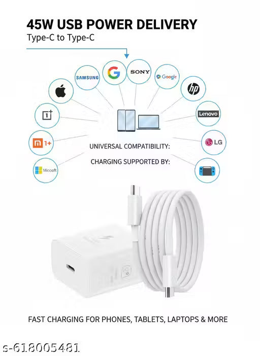 45W Type-C to Type-C PD Wall Charger for Phones, Tablets & Laptops – Super Fast Charging Adapter.