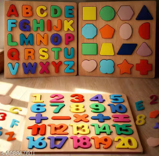 Wooden Alphabet Puzzles Numbers Count Board Blocks 3 Sets Game, Colorful ABC Lower Letters/Numbers/Shapes for Kids