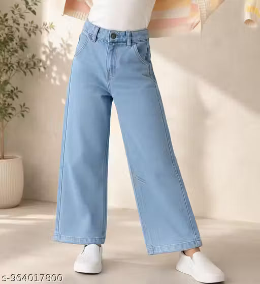Girls Wide Leg Denim Jeans | Premium Cotton Denim Casual Pants for Kids Girls | High Waist Fashion Jeans | 6-11 Years | Ice Blue, Dark Blue, Grey & Black