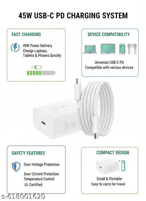 45W USB-C Power Delivery Fast Charger Adapter Compatible with Samsung, Apple, HP, Lenovo, OnePlus, Xiaomi.