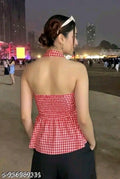Women's cotton Red gingham checked halter top western wear.