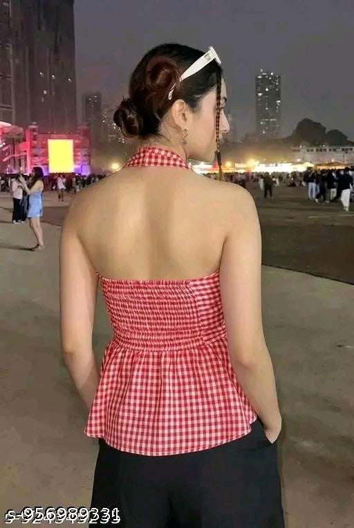 Women's cotton Red gingham checked halter top western wear.