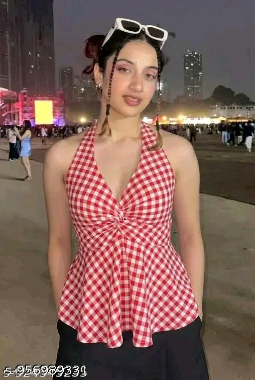 Women's cotton Red gingham checked halter top western wear.