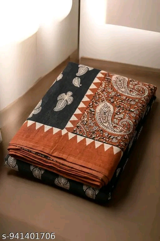 New summer hand black printed cotton mulmul saree.