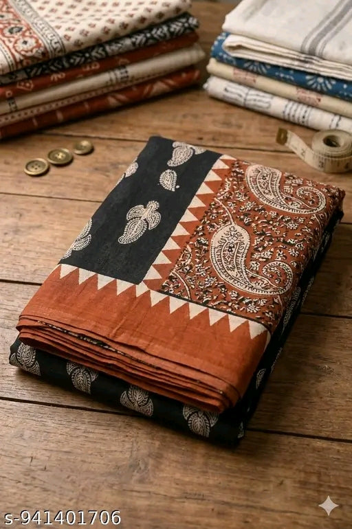 New summer hand black printed cotton mulmul saree.