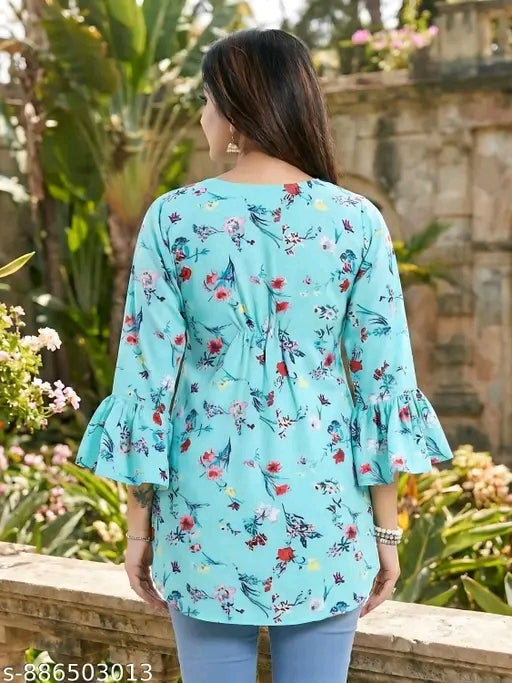 Floral printed crepe tunic for women keyhole neck Re...