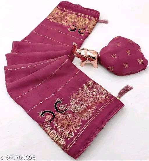 Moss silk foil printed saree with blouse.