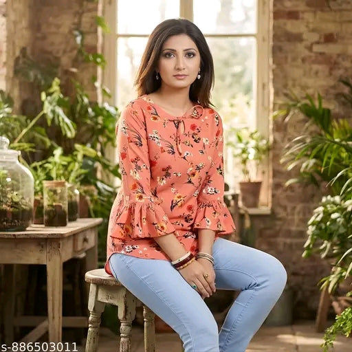 Floral printed crepe tunic for women keyhole neck Re...