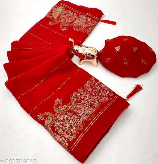 Moss silk foil printed saree with blouse.