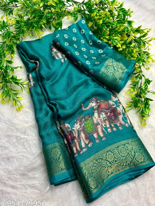 Elephant print zari weaving border saree.
