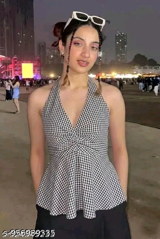 Women's cotton Red gingham checked halter top western wear.