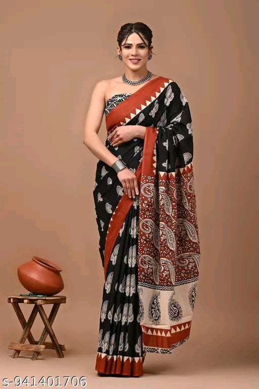 New summer hand black printed cotton mulmul saree.