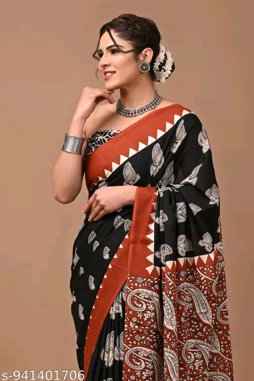 New summer hand black printed cotton mulmul saree.