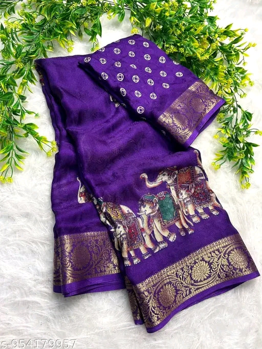 Elephant print zari weaving border saree.