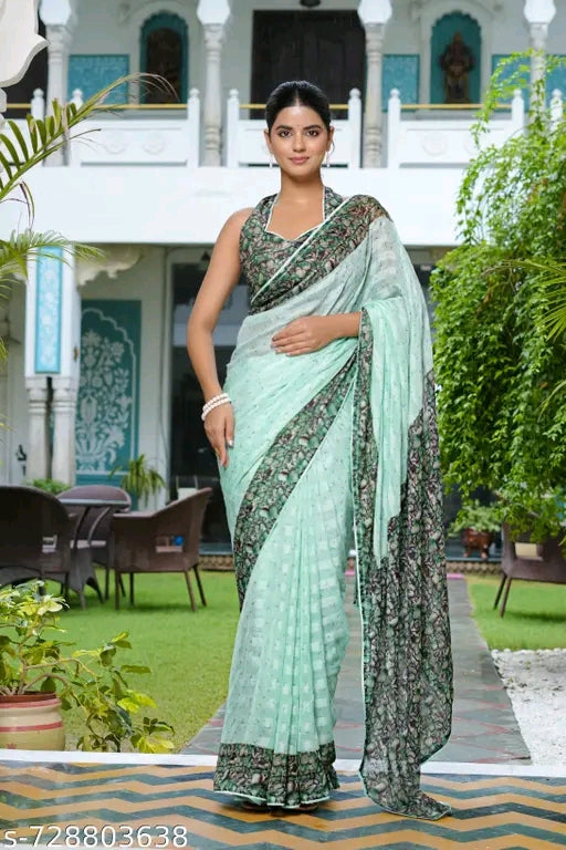 Mirchi fashion chiffon shibori dyed printed saree with blouse.