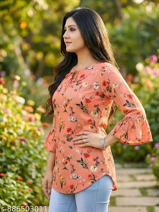 Floral printed crepe tunic for women keyhole neck Re...