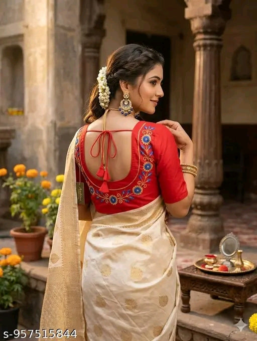 Red blue embroidered blouse.