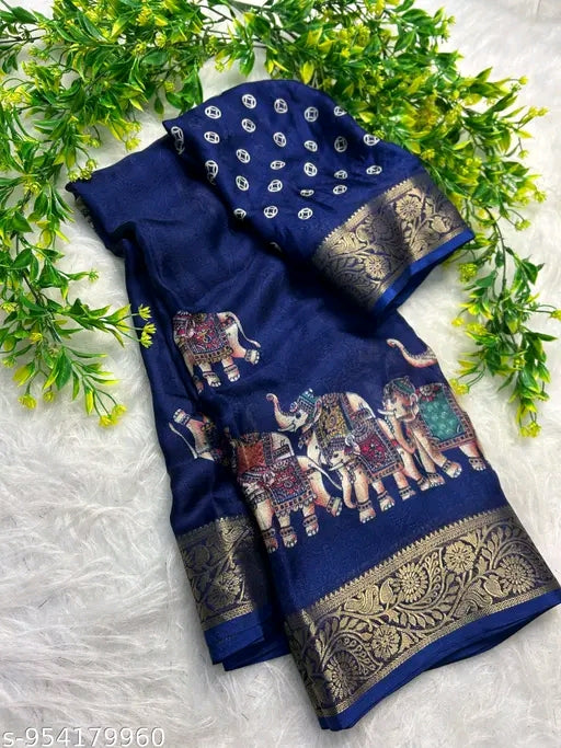 Elephant print zari weaving border saree.