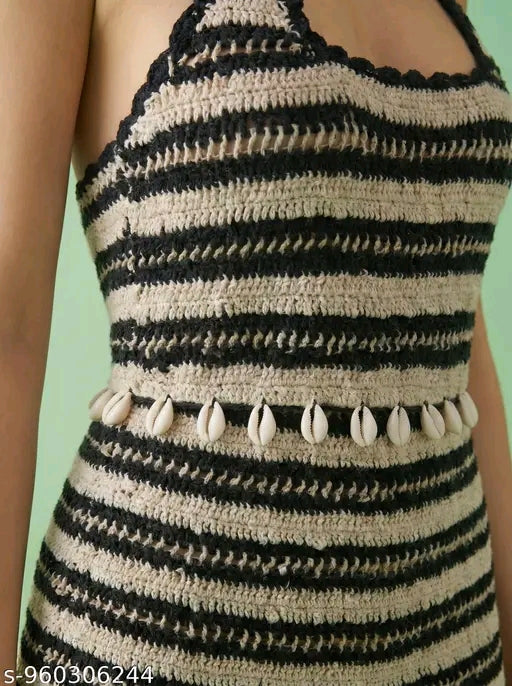 Smocked black and white printed halter Co,ord set for women.