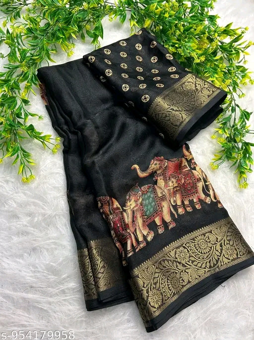 Elephant print zari weaving border saree.